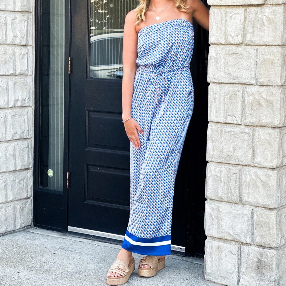 Skies Are Blue Patterned Jumpsuit - Blue and White